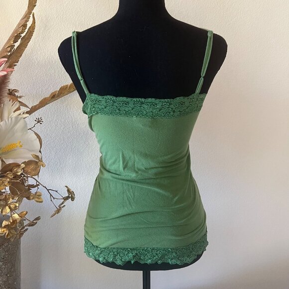 SOLD Y2K Green Lace Trim Hem V-neck Old Navy Spaghetti Strap Cotton Tank Top M - Picture 2 of 6